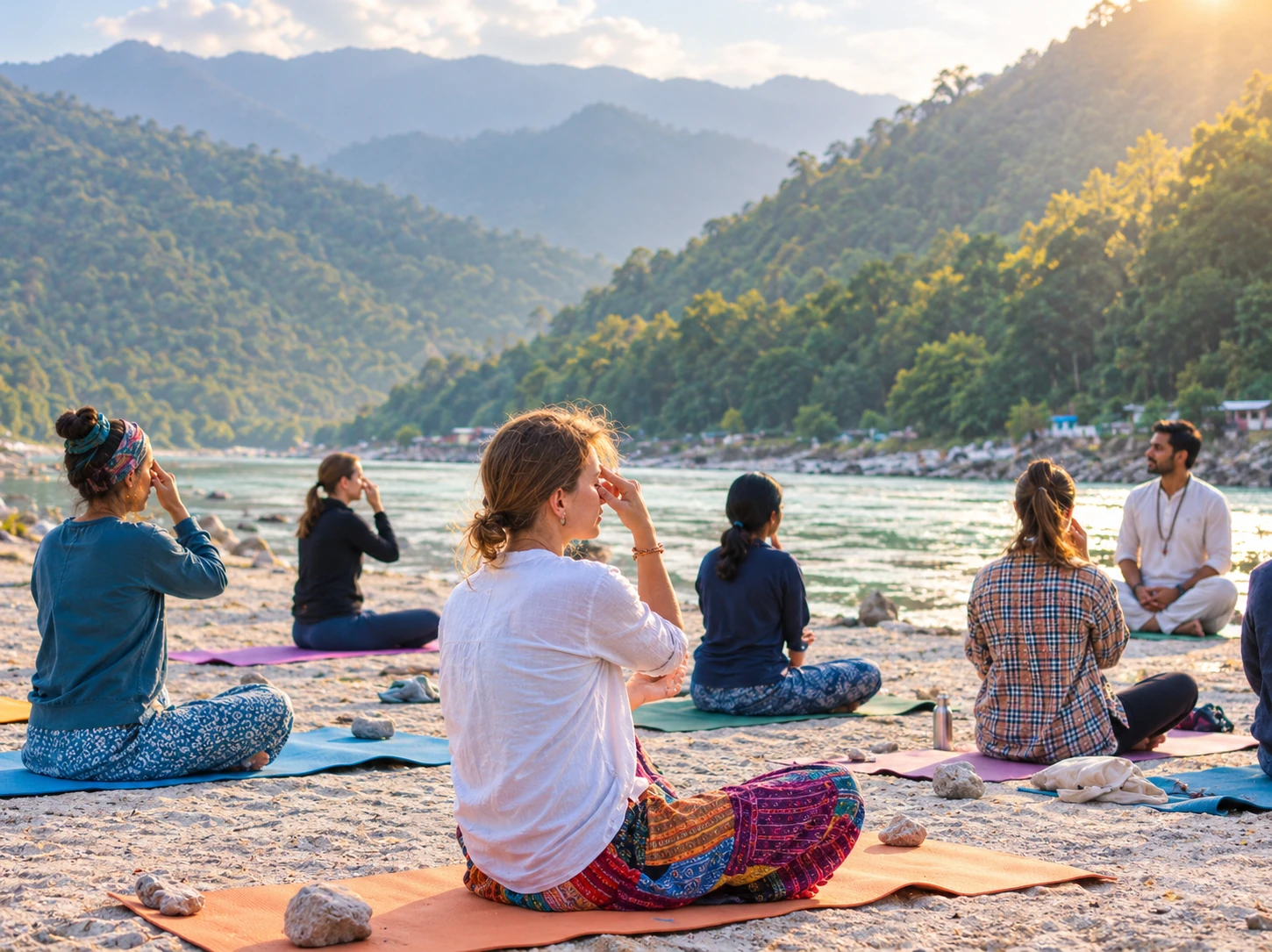 Pranayama session beside the Ganga in Rishikesh